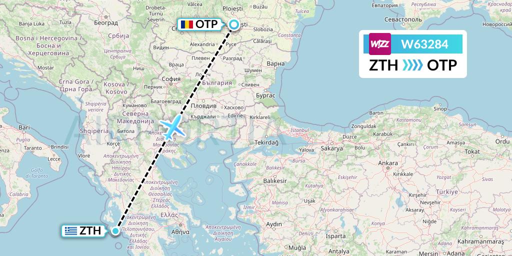 W63284 Wizz Air Flight Map: Zakynthos to Bucharest