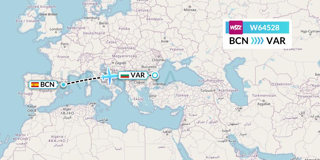 W64528 Wizz Air Flight Map: Barcelona to Varna