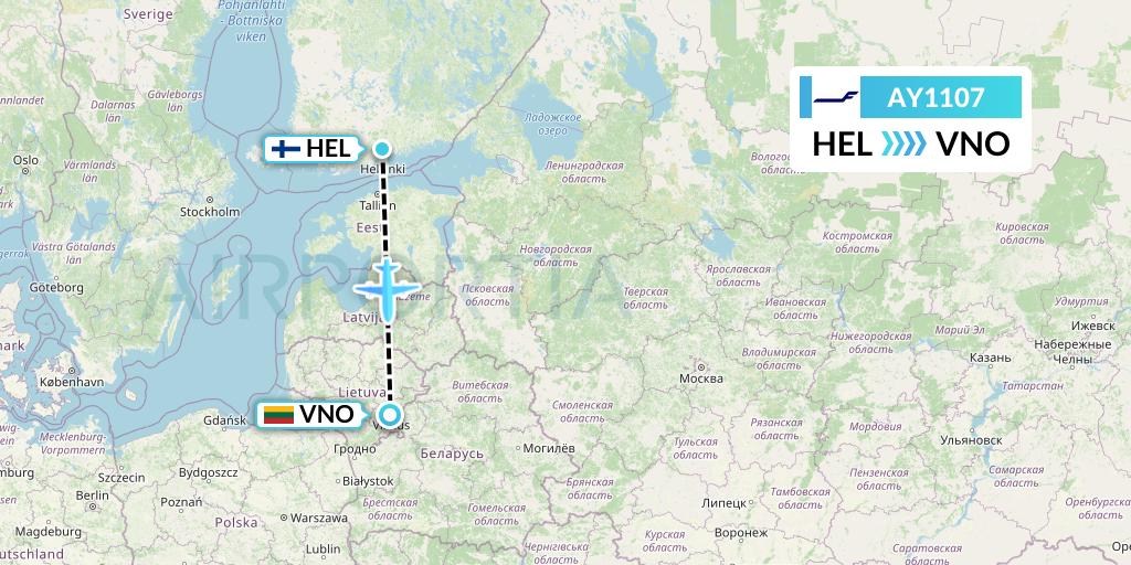 AY1107 Finnair Flight Map: Helsinki to Vilnius