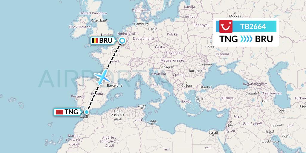 TB2664 TUI fly Belgium Flight Map: Tangier to Brussels