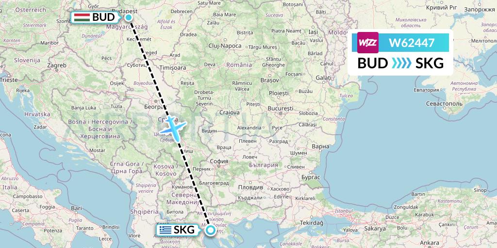 W62447 Wizz Air Flight Map: Budapest to Thessaloniki
