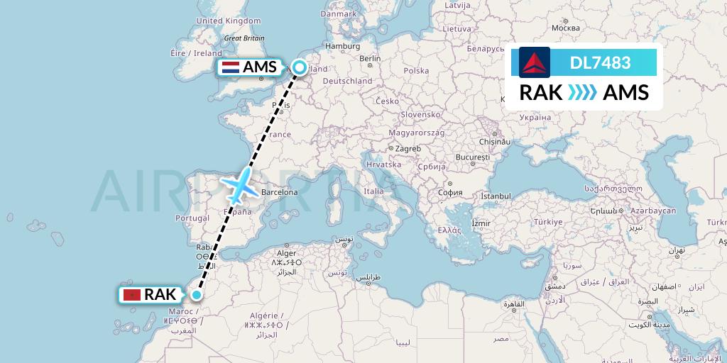 DL7483 Delta Air Lines Flight Map: Marrakesh to Amsterdam