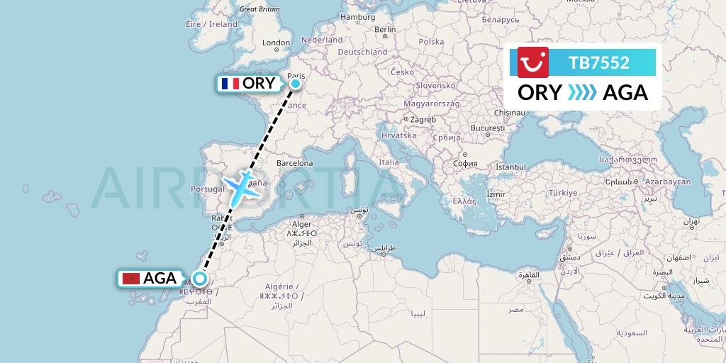 TB7552 TUI fly Belgium Flight Map: Paris to Agadir