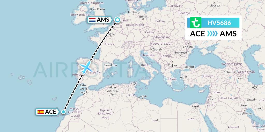 HV5686 Transavia Flight Map: Lanzarote to Amsterdam