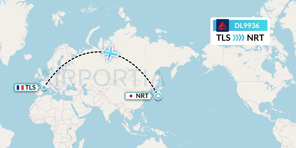 DL9936 Delta Air Lines Flight Map: Toulouse to Tokyo