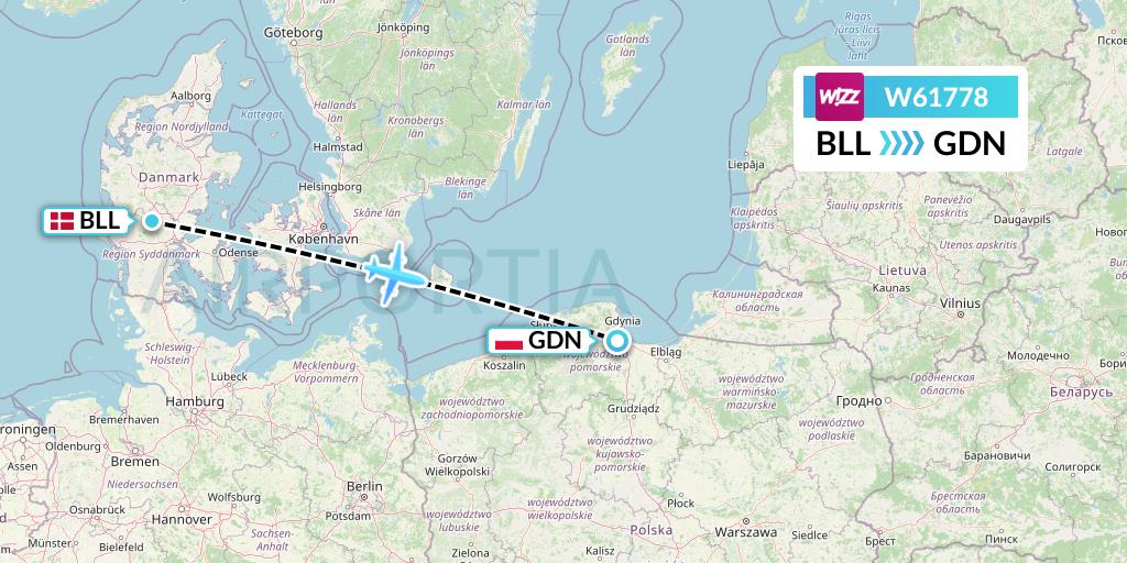 W61778 Wizz Air Flight Map: Billund to Gdansk