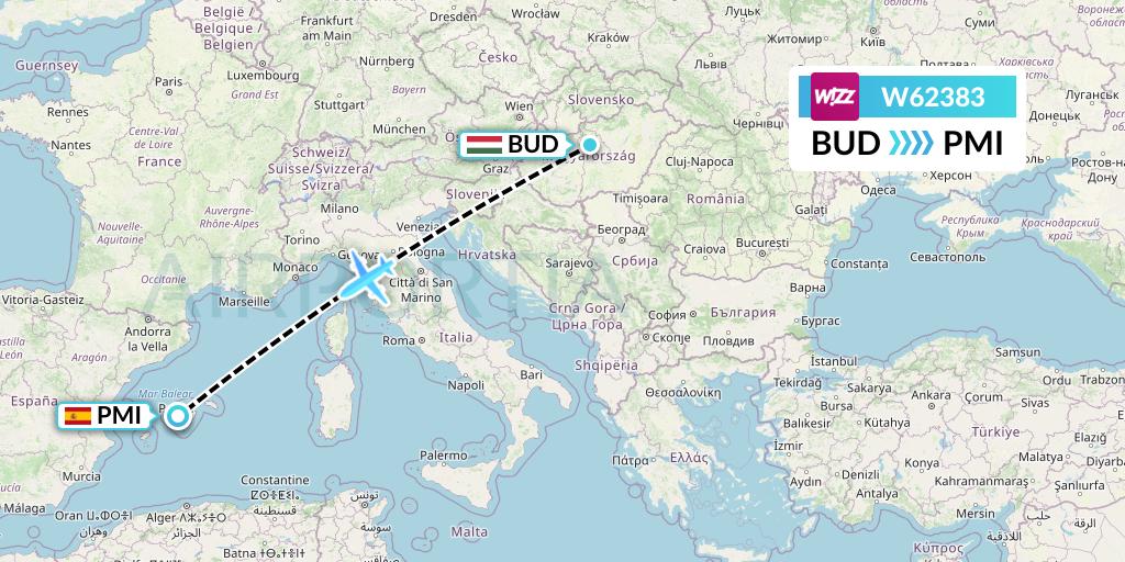 W62383 Wizz Air Flight Map: Budapest to Palma de Mallorca