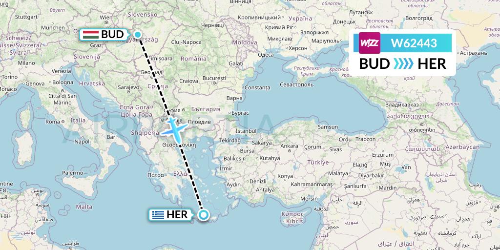 W62443 Wizz Air Flight Map: Budapest to Heraklion