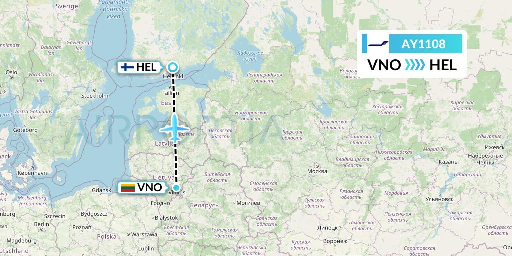 AY1108 Finnair Flight Map: Vilnius to Helsinki