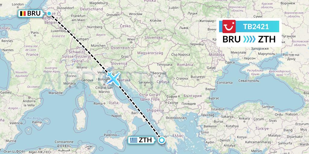 TB2421 TUI fly Belgium Flight Map: Brussels to Zakynthos