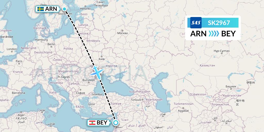 SK2967 SAS Flight Map: Stockholm to Beirut