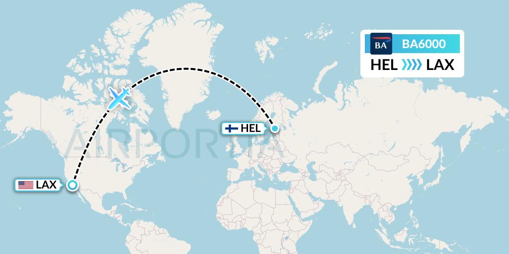 BA6000 British Airways Flight Map: Helsinki to Los Angeles