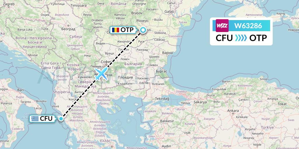 W63286 Wizz Air Flight Map: Corfu to Bucharest