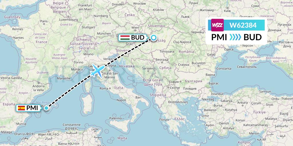 W62384 Wizz Air Flight Map: Palma de Mallorca to Budapest