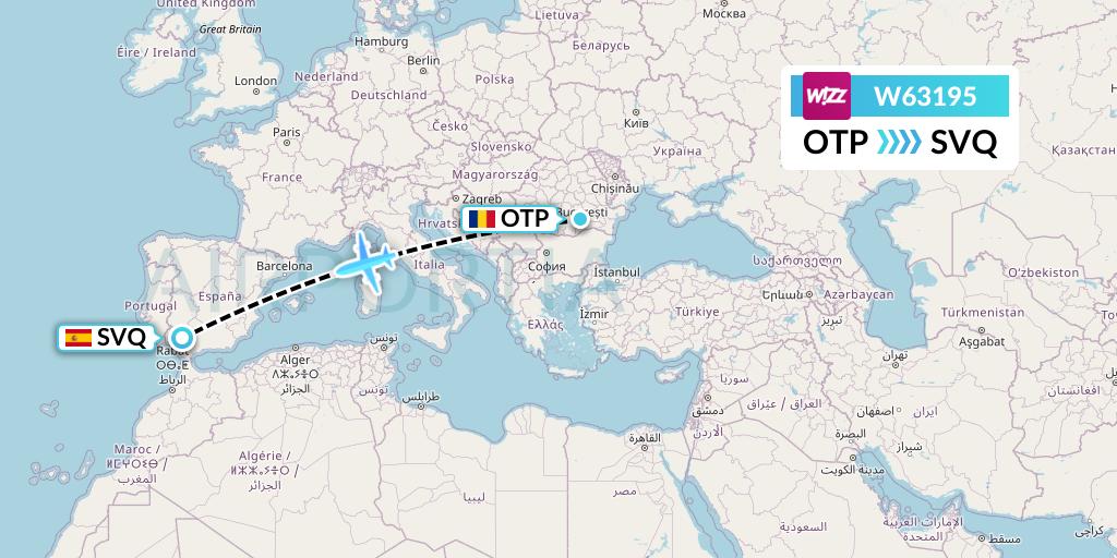 W63195 Wizz Air Flight Map: Bucharest to Seville
