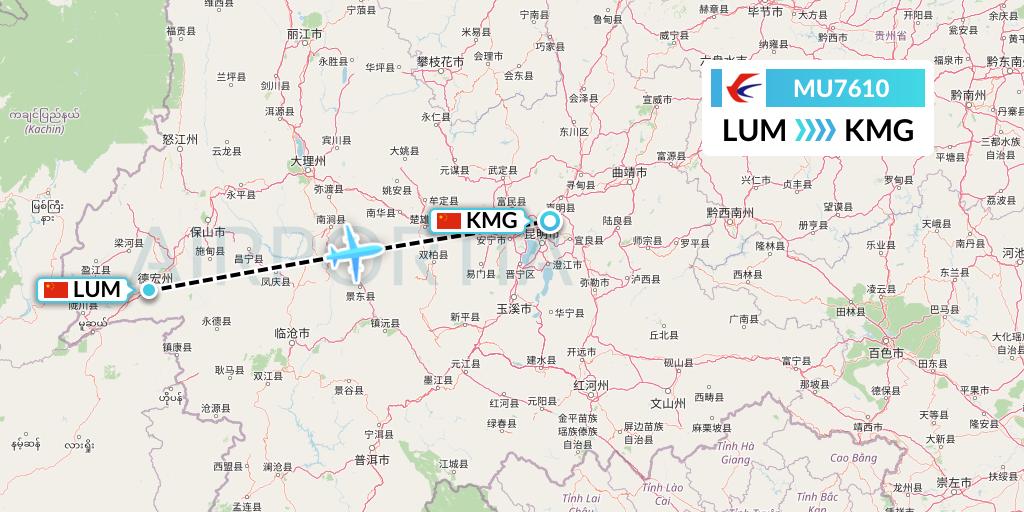 MU7610 China Eastern Airlines Flight Map: Mangshi to Kunming