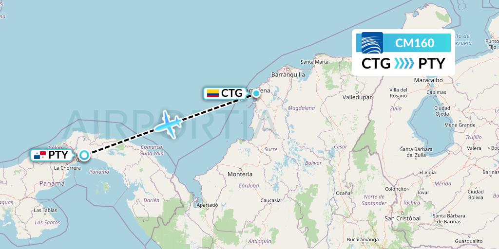 CM160 Copa Airlines Flight Map: Cartagena to Panama City