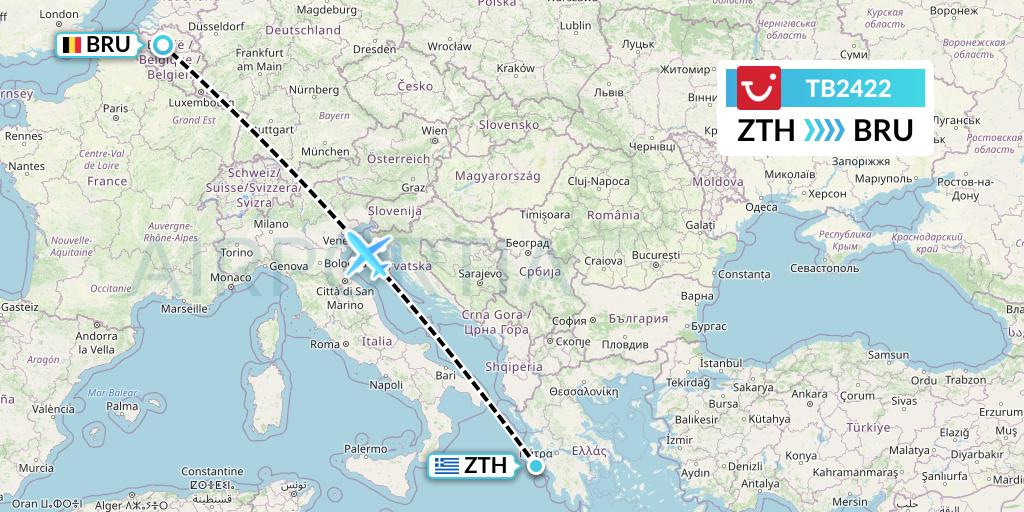 TB2422 TUI fly Belgium Flight Map: Zakynthos to Brussels