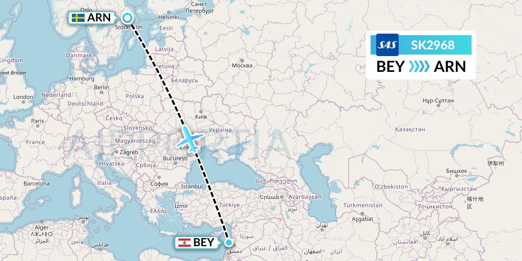 SK2968 SAS Flight Map: Beirut to Stockholm