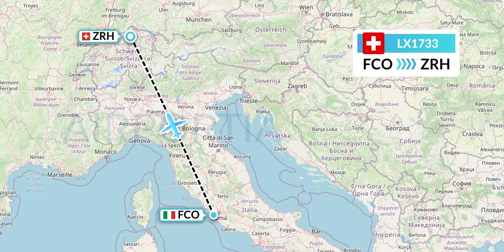 LX1733 Swiss Flight Map: Rome to Zurich