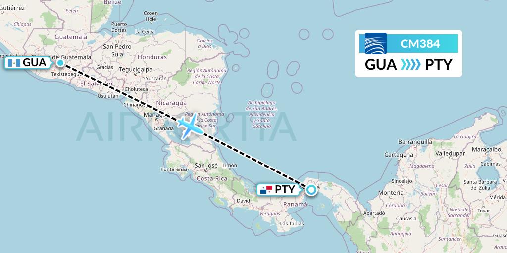 CM384 Copa Airlines Flight Map: Guatemala City to Panama City