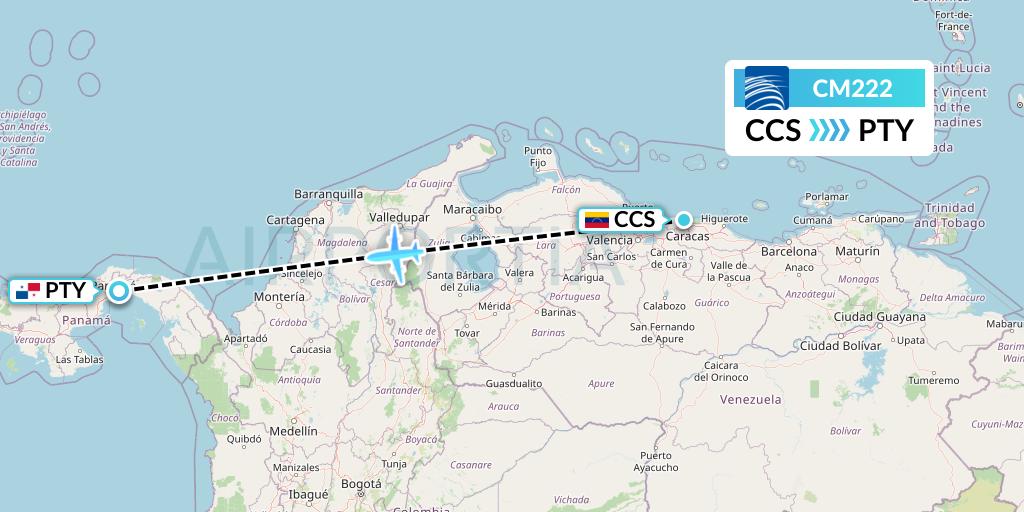CM222 Copa Airlines Flight Map: Caracas to Panama City
