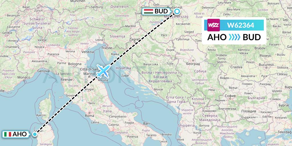 W62364 Wizz Air Flight Map: Alghero to Budapest