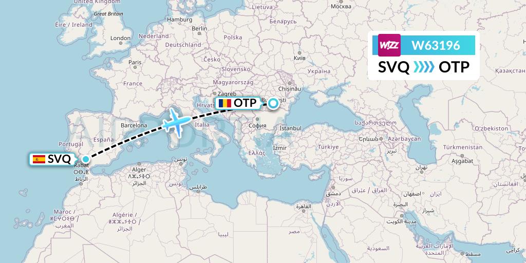 W63196 Wizz Air Flight Map: Seville to Bucharest