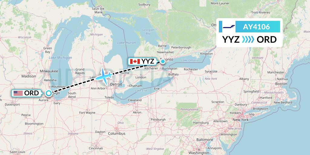 AY4106 Finnair Flight Map: Toronto to Chicago