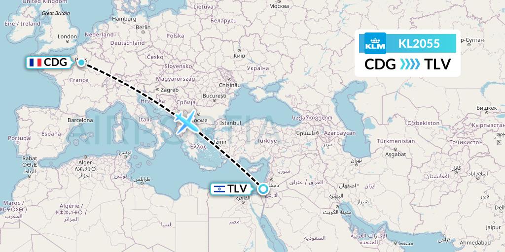 KL2055 KLM Flight Map: Paris to Tel Aviv