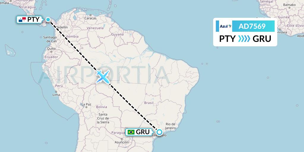 AD7569 Azul Brazilian Airlines Flight Map: Panama City to Sao Paulo