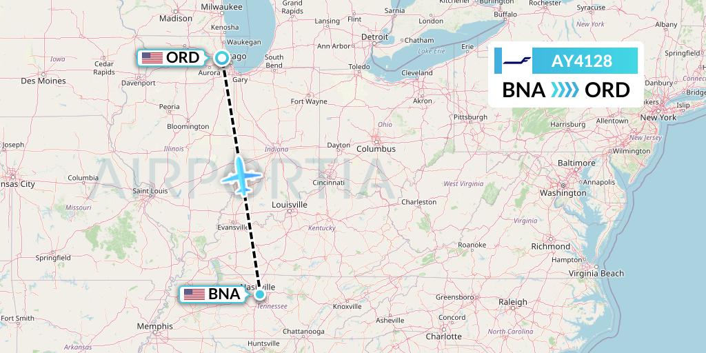 AY4128 Finnair Flight Map: Nashville to Chicago