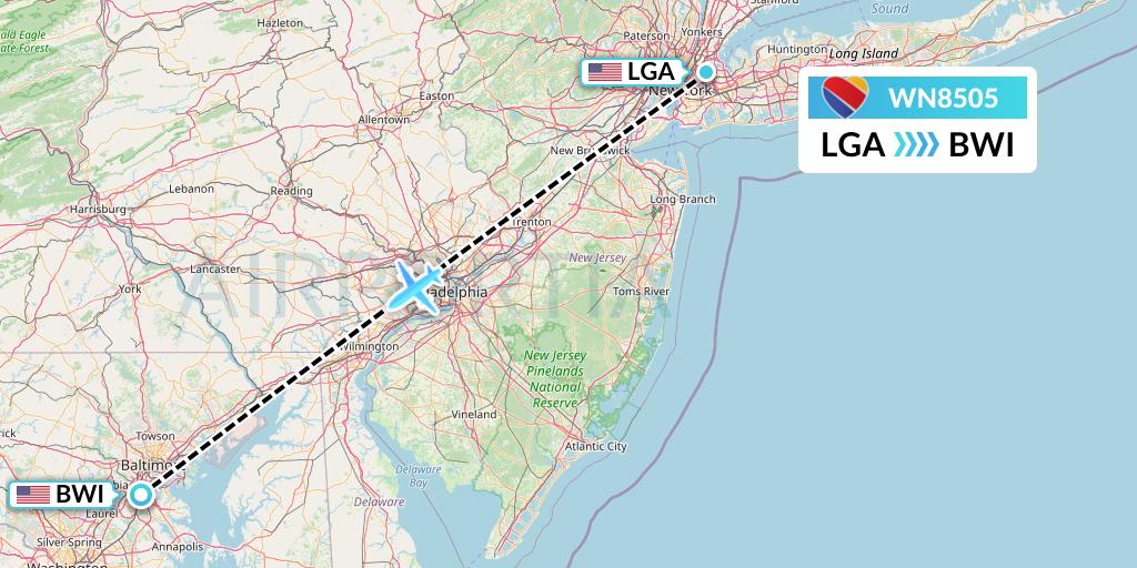 WN8505 Southwest Airlines Flight Map: New York to Baltimore