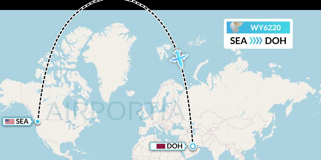 WY6220 Oman Air Flight Map: Seattle to Doha