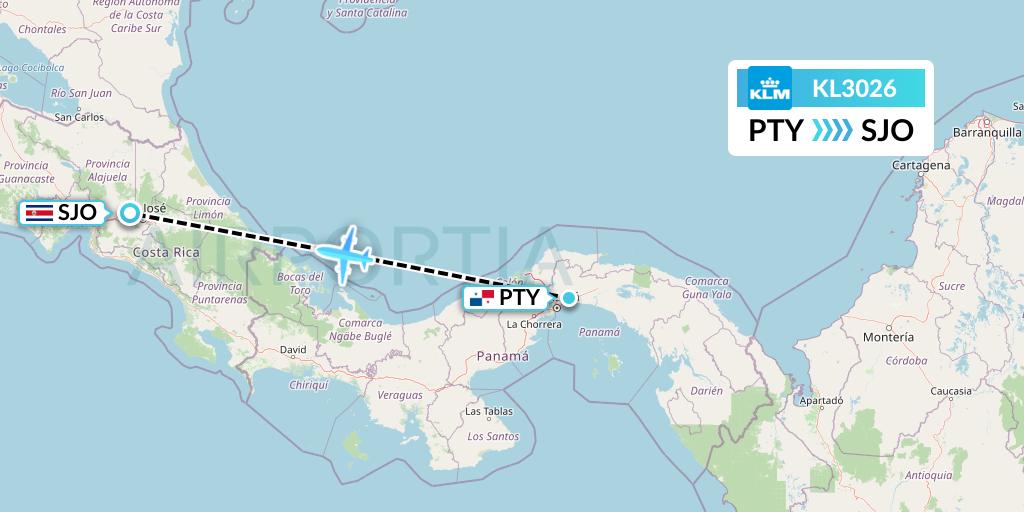 KL3026 KLM Flight Map: Panama City to San Jose