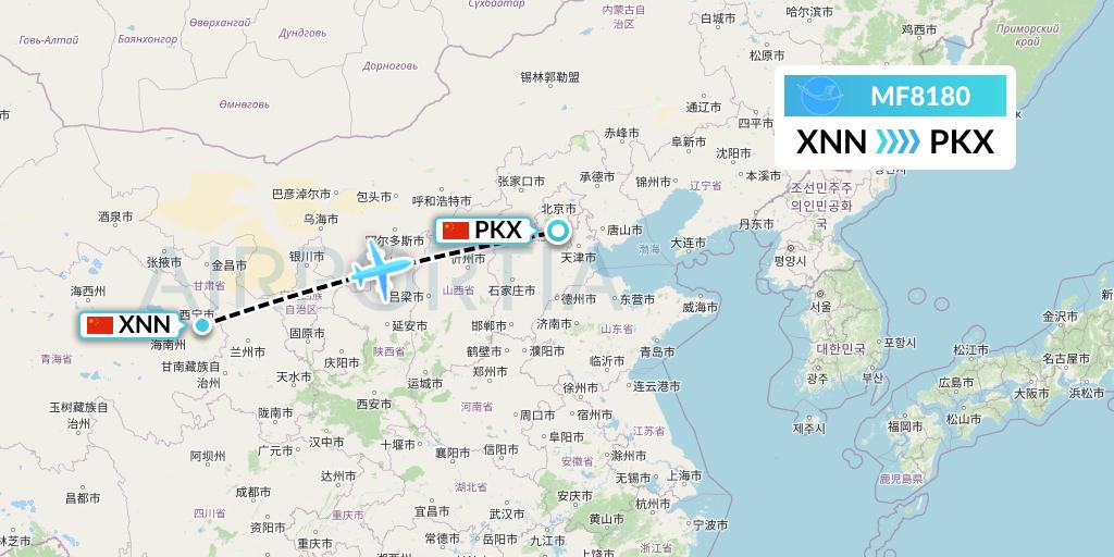 MF8180 Xiamen Airlines Flight Map: Xining to Beijing