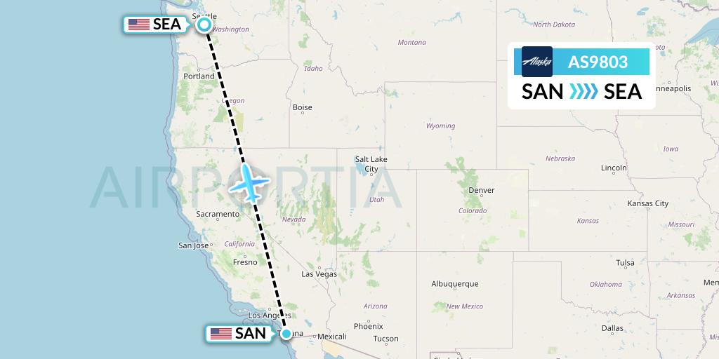 AS9803 Alaska Airlines Flight Map: San Diego to Seattle