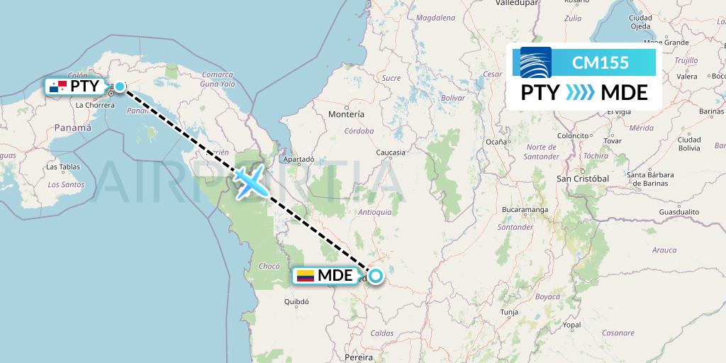 CM155 Copa Airlines Flight Map: Panama City to Medellin