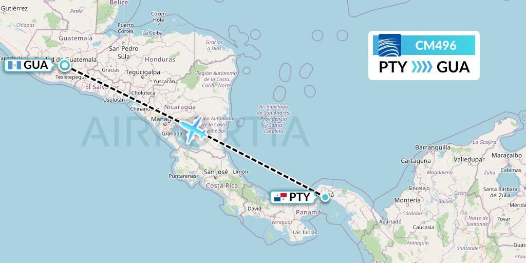 CM496 Copa Airlines Flight Map: Panama City to Guatemala City