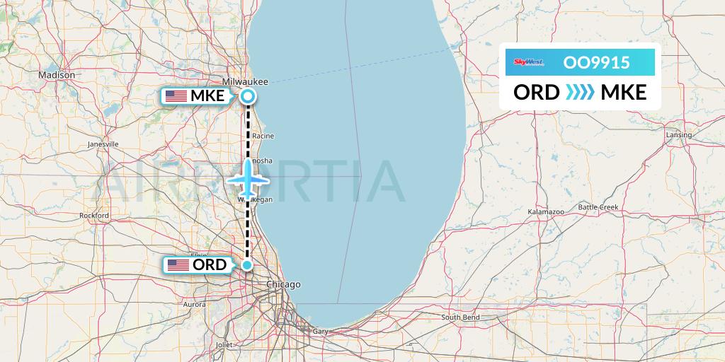 OO9915 SkyWest Airlines Flight Map: Chicago to Milwaukee