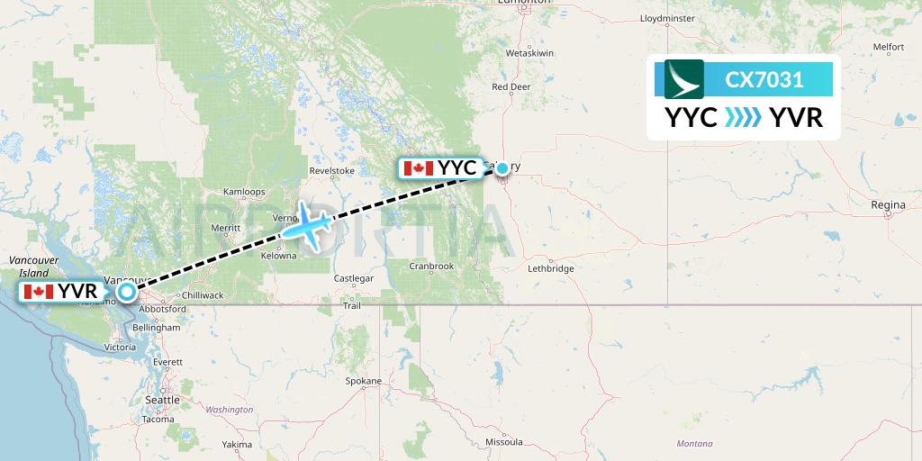 CX7031 Cathay Pacific Flight Map: Calgary to Vancouver