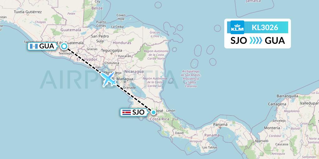 KL3026 KLM Flight Map: San Jose to Guatemala City