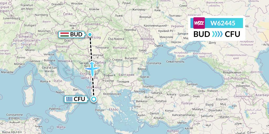 W62445 Wizz Air Flight Map: Budapest to Corfu