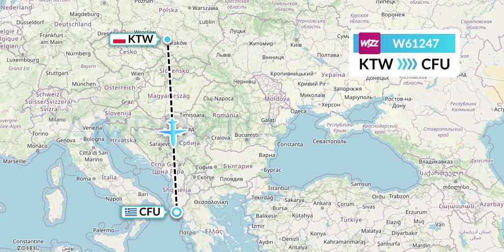 W61247 Wizz Air Flight Map: Katowice to Corfu
