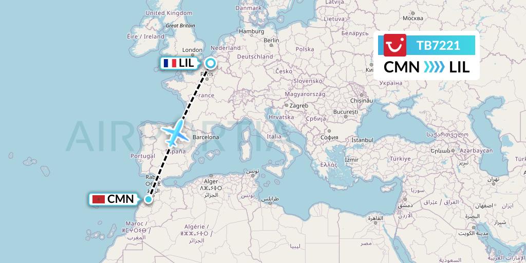 TB7221 TUI fly Belgium Flight Map: Casablanca to Lille