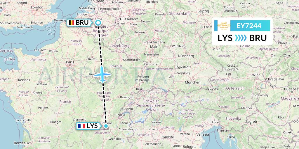 EY7244 Etihad Airways Flight Map: Lyon to Brussels