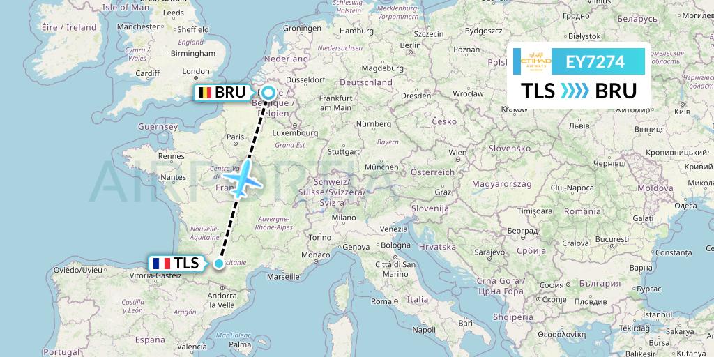 EY7274 Etihad Airways Flight Map: Toulouse to Brussels