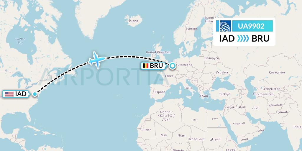 UA9902 United Airlines Flight Map: Washington to Brussels