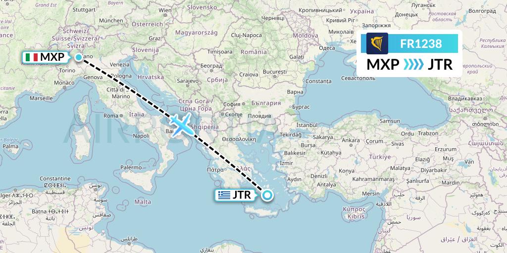 FR1238 Ryanair Flight Map: Milan to Santorini