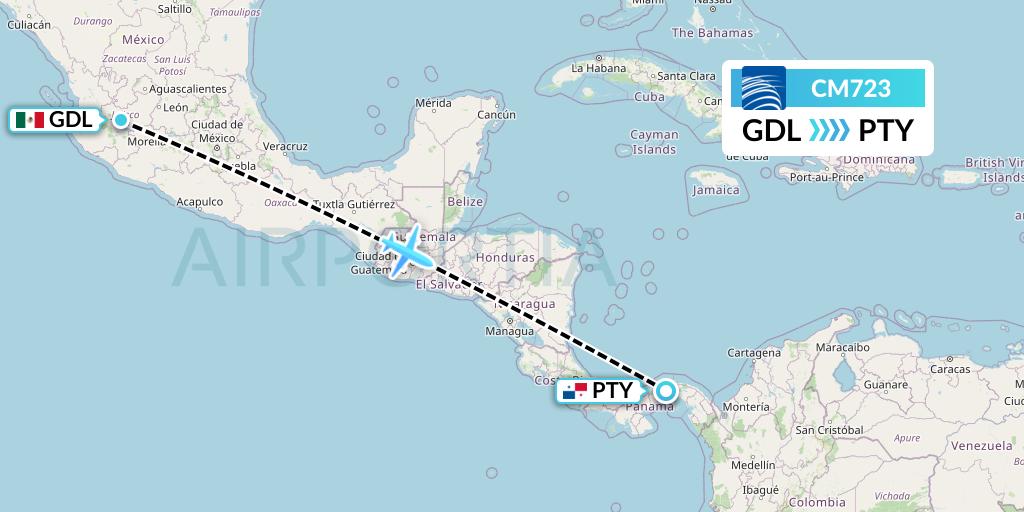 CM723 Copa Airlines Flight Map: Guadalajara to Panama City